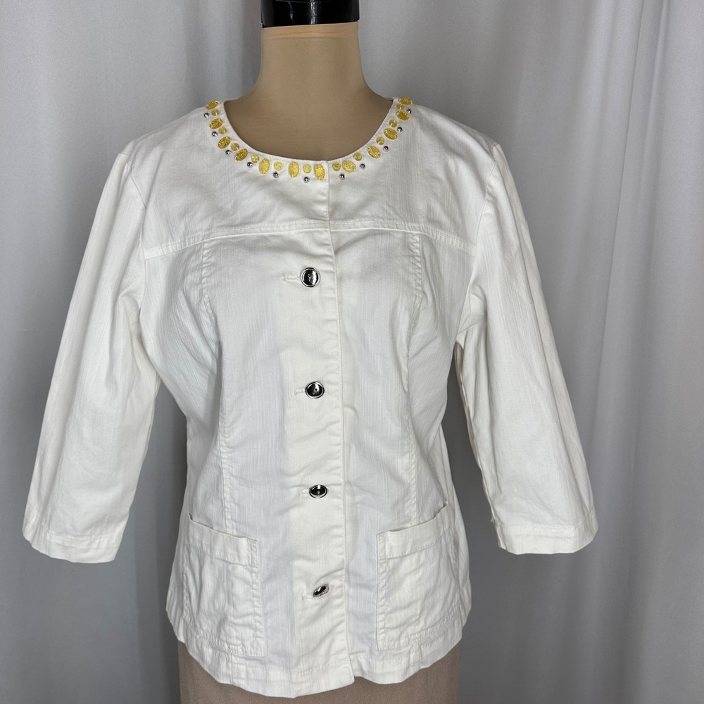 Lark Lane White Denim Jacket Petite 12P Gold Stud Embellished 3/4 Sleeve